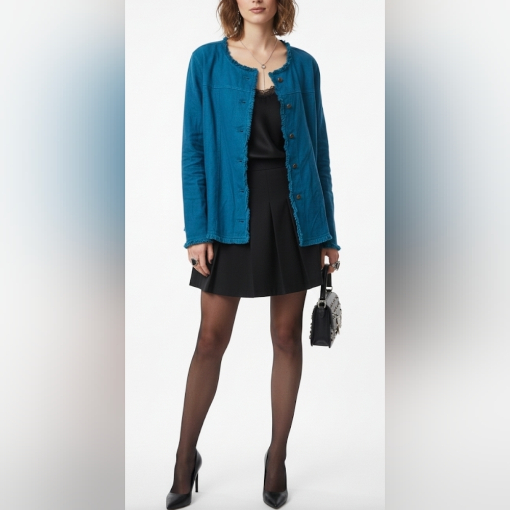 Coldwater Frayed Edge Linen JacketTeal Button-Up Women's Cardigan 1X Formal SkuK